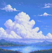 尔湾云机场品牌插画，像素风格的湖畔云景